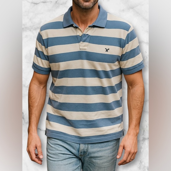 American Eagle Outfitters Other - American Eagle Outfitters Blue White Striped Polo Shirt Logo Size XL